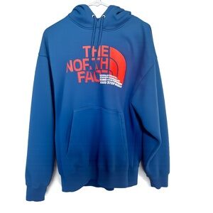 Men’s The North Face Blue Pullover Hoodie Orange Logo Size Medium